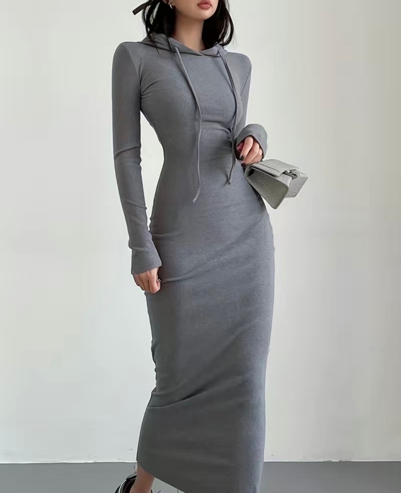 Gray Hooded Maxi Dress