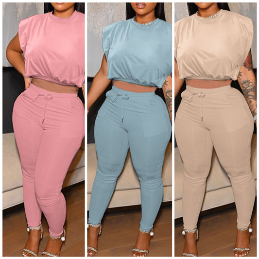 2 pc Mid-Crop Top pants Set