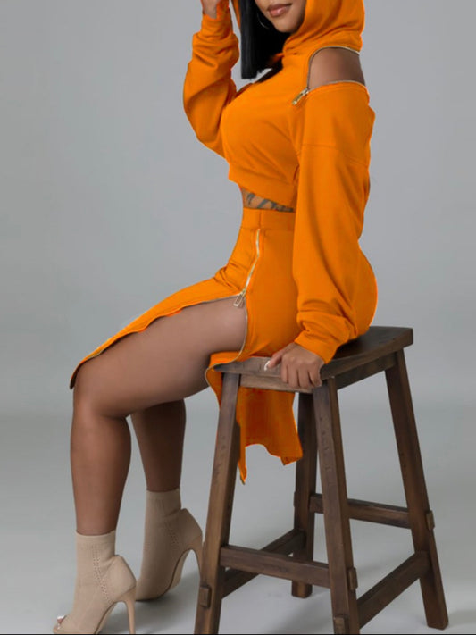 Orange 2pc Hoodie Zipper Skirt Set